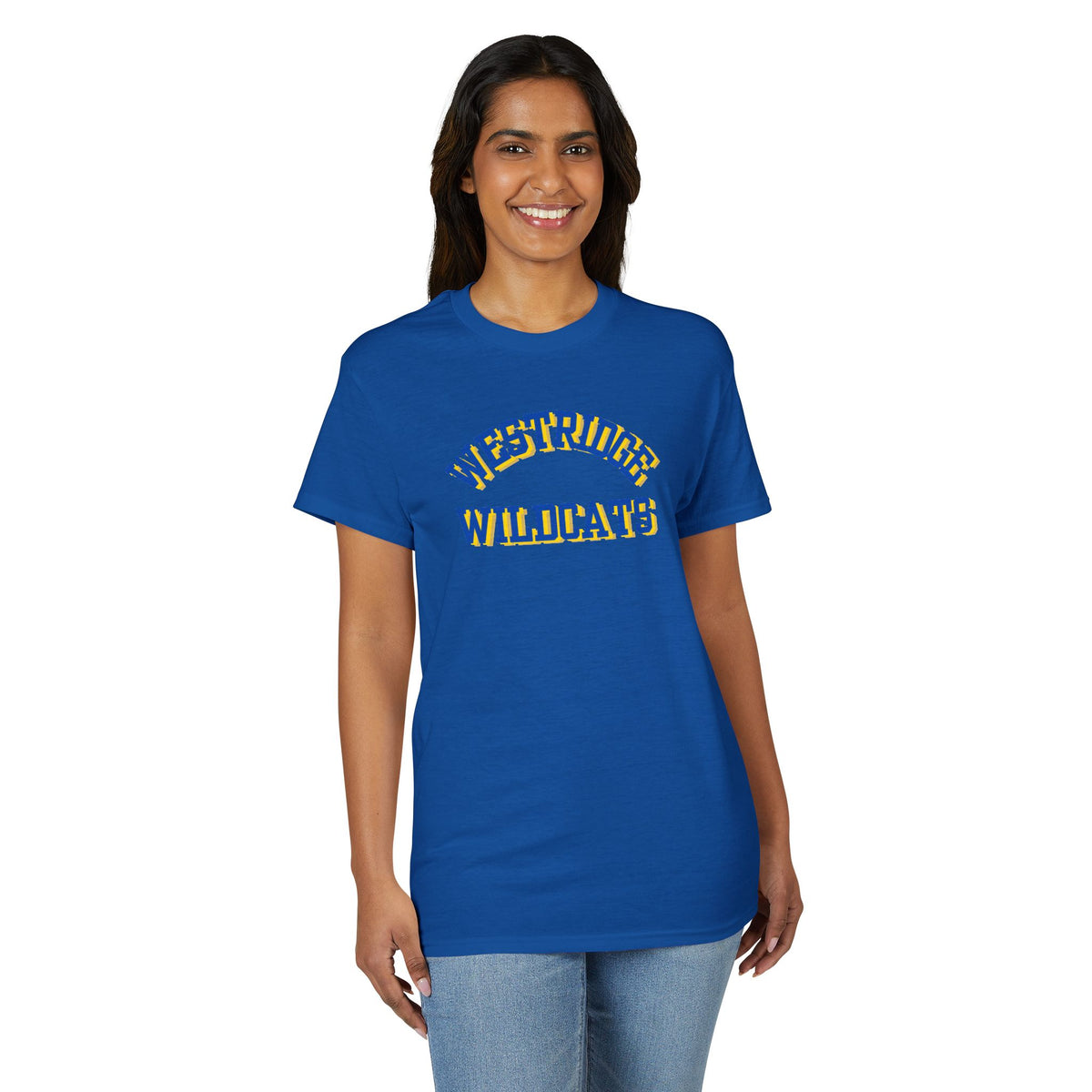 Adult Unisex DryBlend T-Shirt Westridge Wildcat (Blue/Yellow Curved Logo)