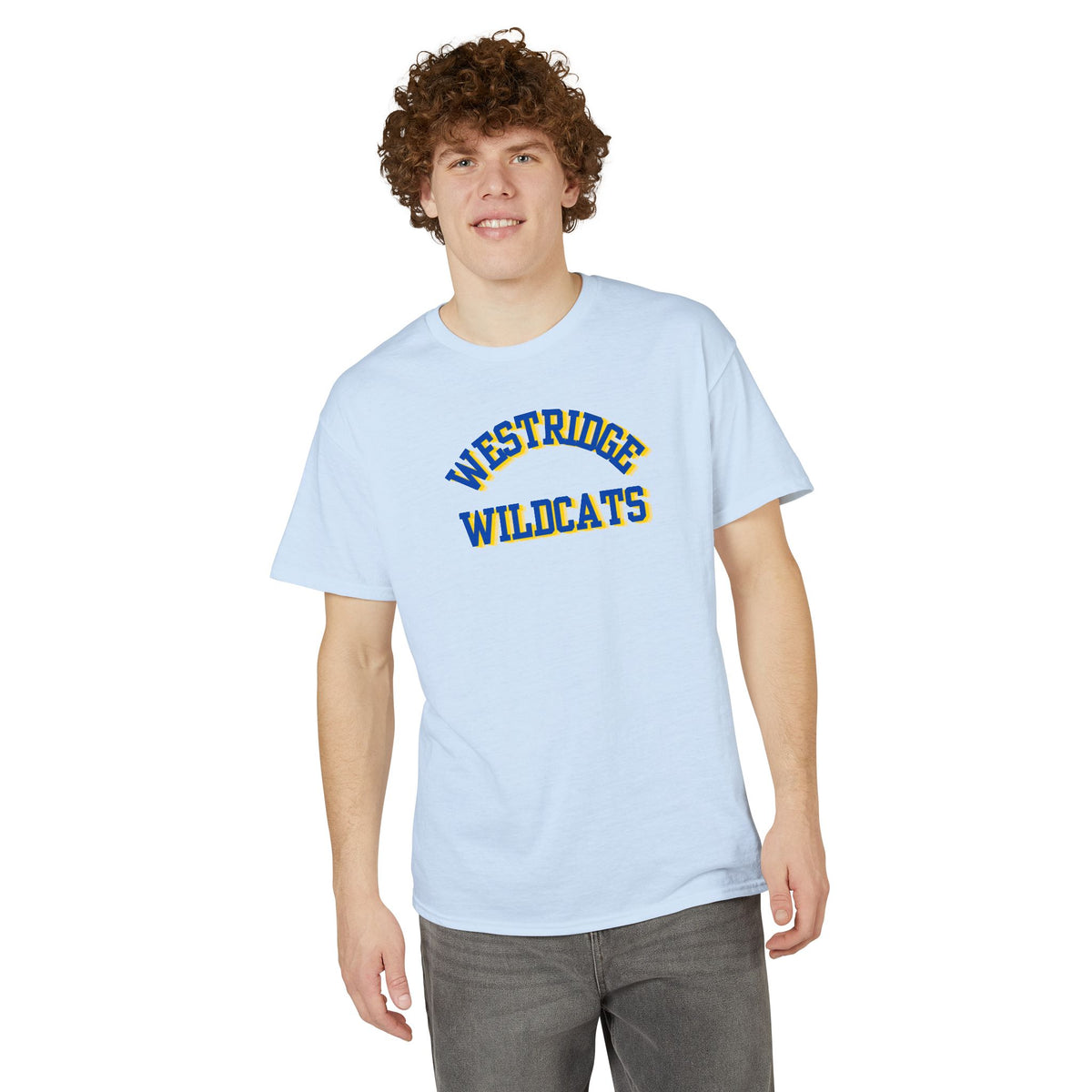Adult Unisex DryBlend T-Shirt Westridge Wildcat (Blue/Yellow Curved Logo)