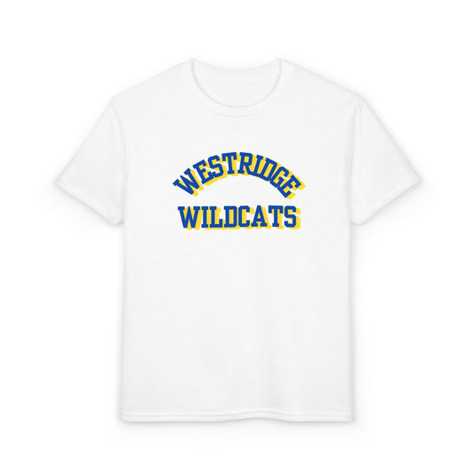 Kids Unisex DryBlend T-Shirt Westridge Wildcat (Blue/Yellow Curved Logo)